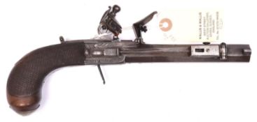 A 40 bore flintlock boxlock pistol with spring bayonet, by W Jones, London, c 1840, 10” overall,