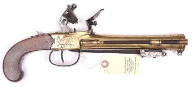 A brass barrelled and brass framed flintlock boxlock blunderbuss pistol with spring bayonet, by (