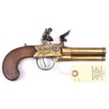 A good scarce brass framed and brass 3 barrelled flintlock boxlock tap action pistol by Brasher, c