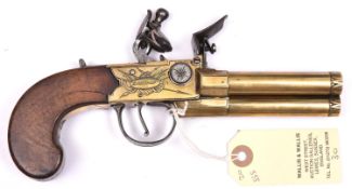 A good scarce brass framed and brass 3 barrelled flintlock boxlock tap action pistol by Brasher, c