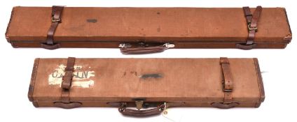 A leather bound canvas covered green baize lined case for a 40” overall gun or rifle, 41” x 5” x
