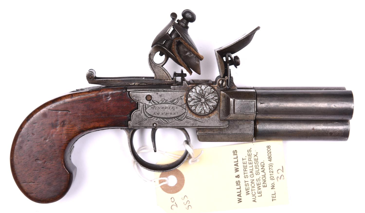 A scarce 3 barrelled 80 bore flintlock boxlock tap action pistol, by Brander & Potts, Minories,