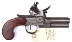 A scarce 3 barrelled 80 bore flintlock boxlock tap action pistol, by Brander & Potts, Minories,