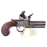 A scarce 3 barrelled 80 bore flintlock boxlock tap action pistol, by Brander & Potts, Minories,