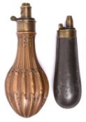 A copper powder flask “Fluted” (Riling 293), brass top by G & J W Hawksley Sheffield, graduated
