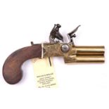 A 90 bore brass framed and brass double barrelled over and under tap action flintlock boxlock pocket