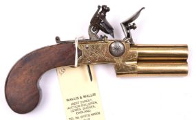 A 90 bore brass framed and brass double barrelled over and under tap action flintlock boxlock pocket