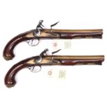 A pair of 18 bore brass barrelled flintlock holster pistols by Brander, c 1760, 13½” overall, 3