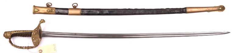 A French naval Officer’s sword, c 1870, slightly curved, fullered blade 29”, with narrow back