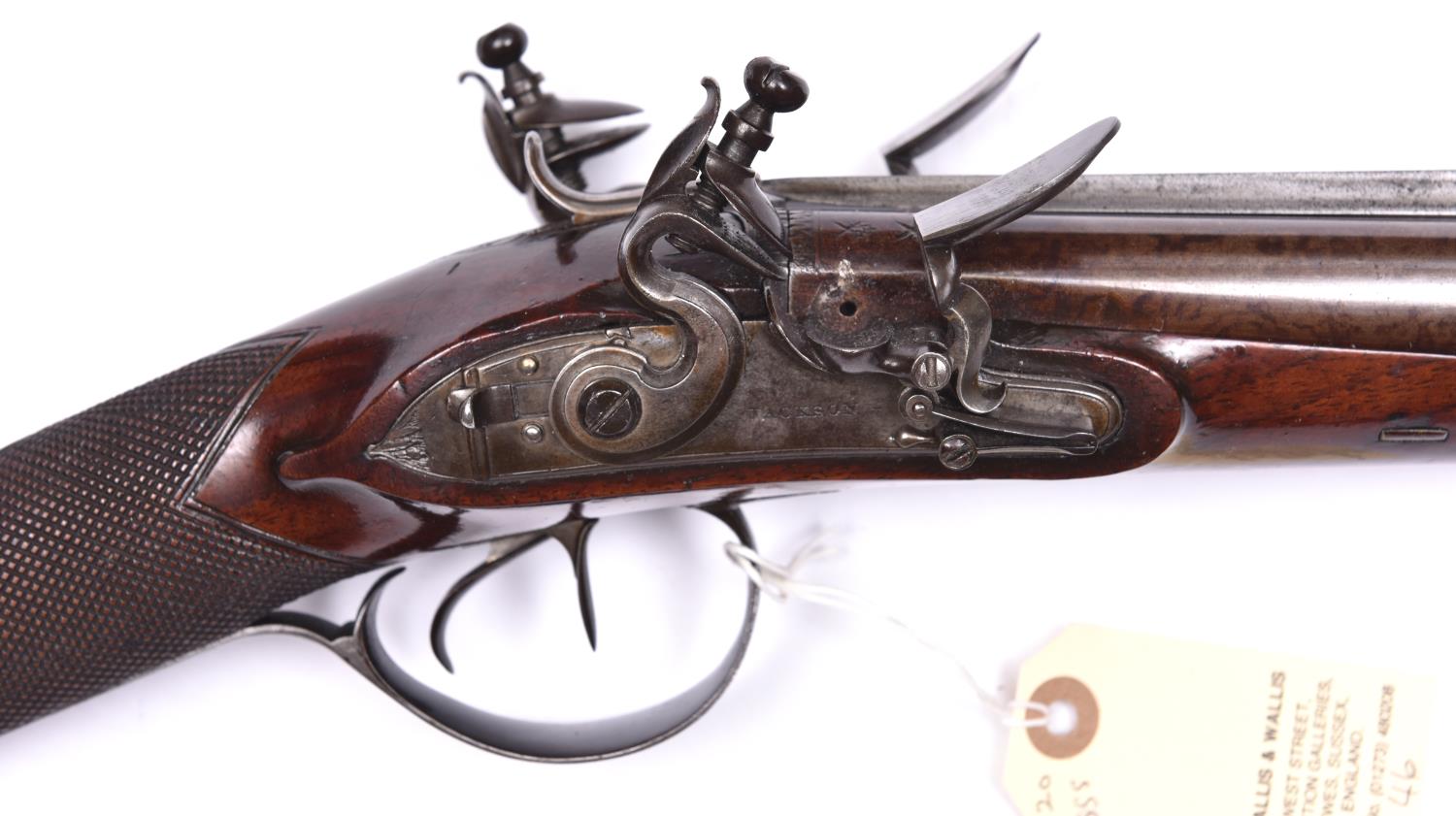 A rare early 19th century double barrelled flintlock blunderbuss with spring bayonet, by Jackson, - Image 2 of 2