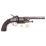 A 6 shot 54 bore Lang type open wedge frame SA transitional percussion revolver, 12” overall,