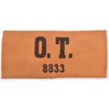 A Third Reich armband, black “O T 8833” on khaki (Organisation Todt), GC