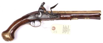 A mid 18th century 20 bore brass barrelled flintlock holster pistol, by G Reed, London, 14” overall,