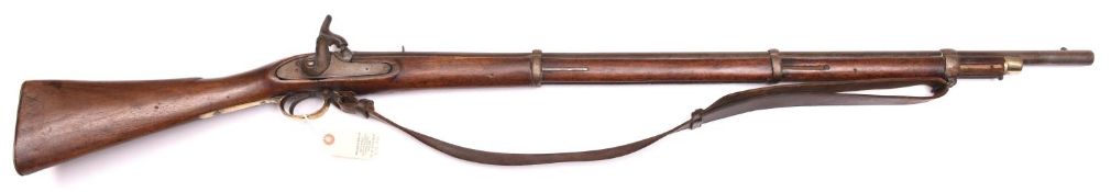 A 28 bore Indian 3 band percussion musket of Enfield type, 52” overall, barrel 37” with “V”