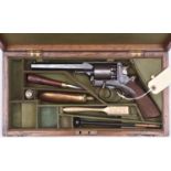 A cased 5 shot 54 bore Beaumont Adams double action percussion revolver, barrel 6” engraved “Deane