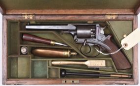 A cased 5 shot 54 bore Beaumont Adams double action percussion revolver, barrel 6” engraved “Deane