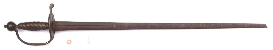 A mid 18th century hanger, tapering blade 25” (approx 2” missing at point) with 6” central fuller,