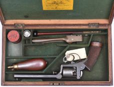 A cased 5 shot 54 bore Adams Model 1851 self cocking percussion revolver, barrel 6¼” engraved “