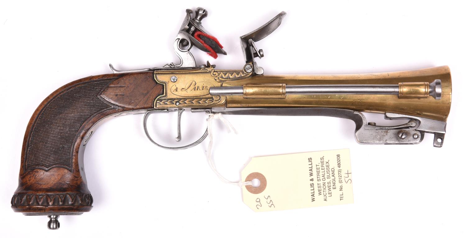 A French brass framed and brass barrelled flintlock boxlock blunderbuss pistol with spring