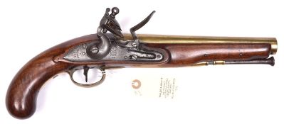 A 10 bore 1796 pattern flintlock holster pistol by T. Ketland & Co, 15½” overall, brass plated