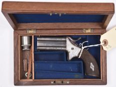 A cased .38” rimfire Woodward’s patent double barrelled over and under turnover pistol, number