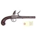 A 50 bore silver mounted cannon barrelled flintlock boxlock pistol by Hadley, London, c 1770, 9½”