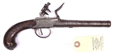 A 50 bore silver mounted cannon barrelled flintlock boxlock pistol by Hadley, London, c 1770, 9½”