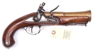 An early 19th century French brass barrelled flintlock blunderbuss pistol, 11” overall, 2 stage bell