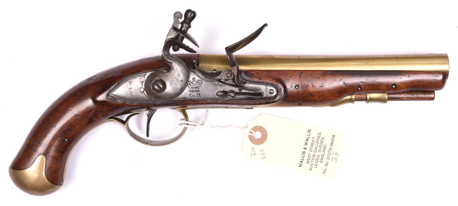 A scarce 20 bore brass barrelled flintlock holster pistol by D. Egg, made for the Prince of Bouillon