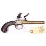 A silver mounted 54 bore tutenag (German silver) cannon barrelled flintlock boxlock pocket pistol by