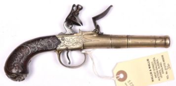 A silver mounted 54 bore tutenag (German silver) cannon barrelled flintlock boxlock pocket pistol by