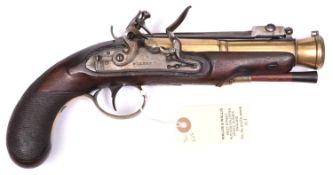 A brass barrelled flintlock blunderbuss pistol with spring bayonet, by Walker of Norwich, c 1820,