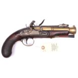 A brass barrelled flintlock blunderbuss pistol with spring bayonet, by Walker of Norwich, c 1820,