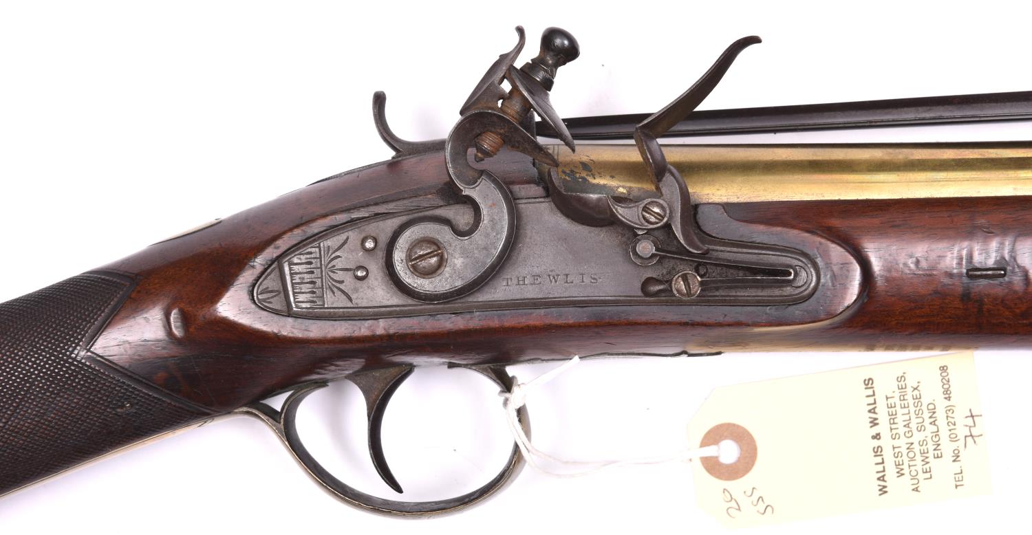 A brass barrelled flintlock blunderbuss with spring bayonet, c 1820, 29½” overall, bell mouth barrel - Image 2 of 2