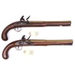 A pair of long 16 bore brass barrelled flintlock duelling pistols, by Robert Wheeler, c 1780, 17½”