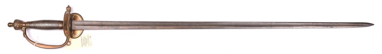 A 1796 pattern infantry Officer’s sword, straight fullered blade 32”, with traces of etching,