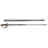 A French cavalry sword, c 1875, straight fullered blade 36½”, with rounded backstrap (name removed),