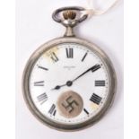 A German pocket watch, by Seeland, the dial with applied enamelled swastika disc, the back applied