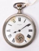 A German pocket watch, by Seeland, the dial with applied enamelled swastika disc, the back applied