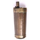 A copper 3 way powder flask “Panel” (Riling p 278), of flared form with beaded vertical panels,