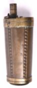 A copper 3 way powder flask “Panel” (Riling p 278), of flared form with beaded vertical panels,