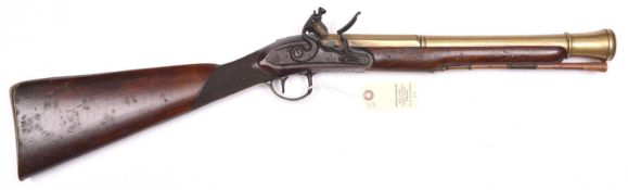 A brass barrelled flintlock blunderbuss by J Probin c 1800, 30” overall, 2 stage bell mouth barrel