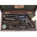 A cased 5 shot 54 bore Beaumont Adams double action percussion revolver, barrel 5¾” engraved “Robert