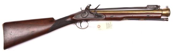 A brass barrelled flintlock blunderbuss with spring bayonet, c 1820, 29½” overall, bell mouth barrel