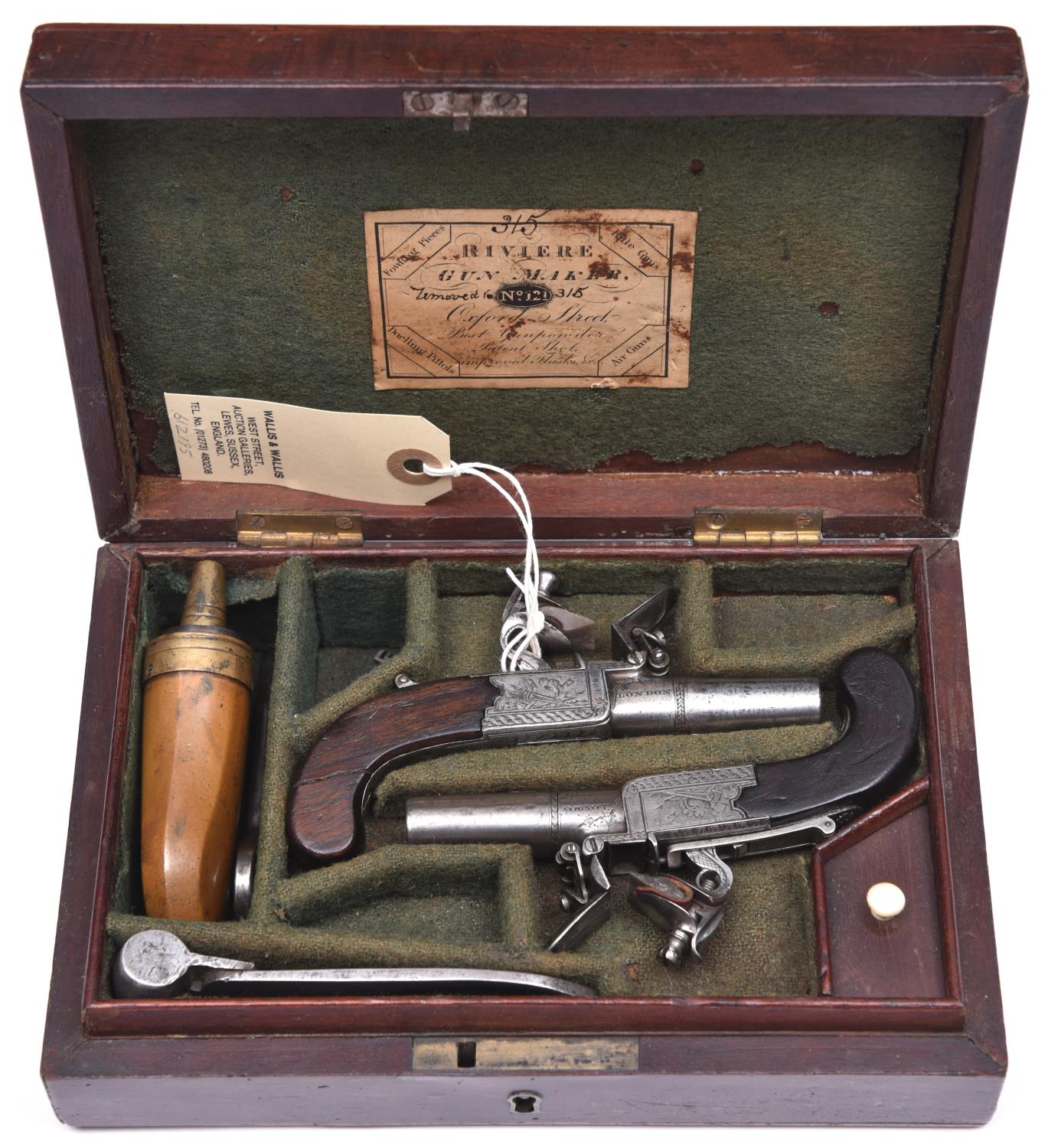A pair of 60 bore flintlock boxlock pocket pistols by Riviere, London, c1820, 5” overall, turn off