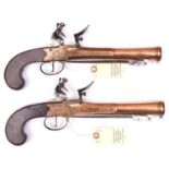 A pair of bronze barrelled and bronze framed flintlock boxlock blunderbuss pistols, by (Robert)