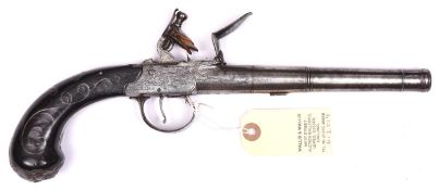 A 26 bore silver mounted cannon barrelled flintlock boxlock pistol, c 1770, 12½” overall, turn off