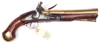 A brass barrelled flintlock blunderbuss pistol, by Ashton of Romford c 1770 but in an earlier style,