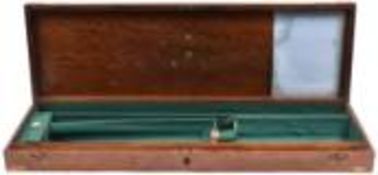 A 19th century oak gun case, for barrel length 28”, brass corners and folding ring handle to lid,