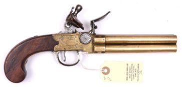 A scarce brass framed and brass 4 barrelled flintlock boxlock tap action pistol, by Wm Henshaw,